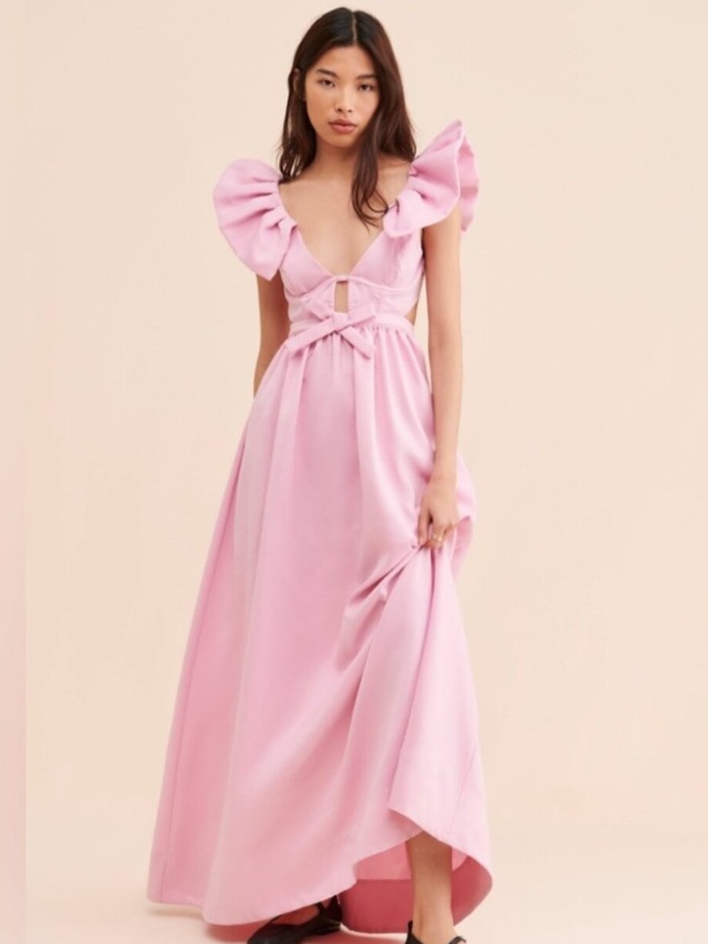 For Love & Lemons Pink Ruffle-Shoulder Maxi Dress